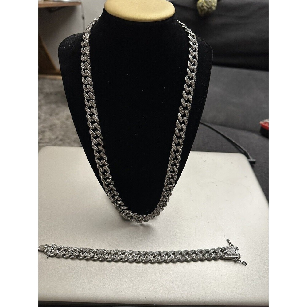 Cuban Link CZ Hip Hop Jewelry Silver Tone, 8” Bracelet And 20” Necklace